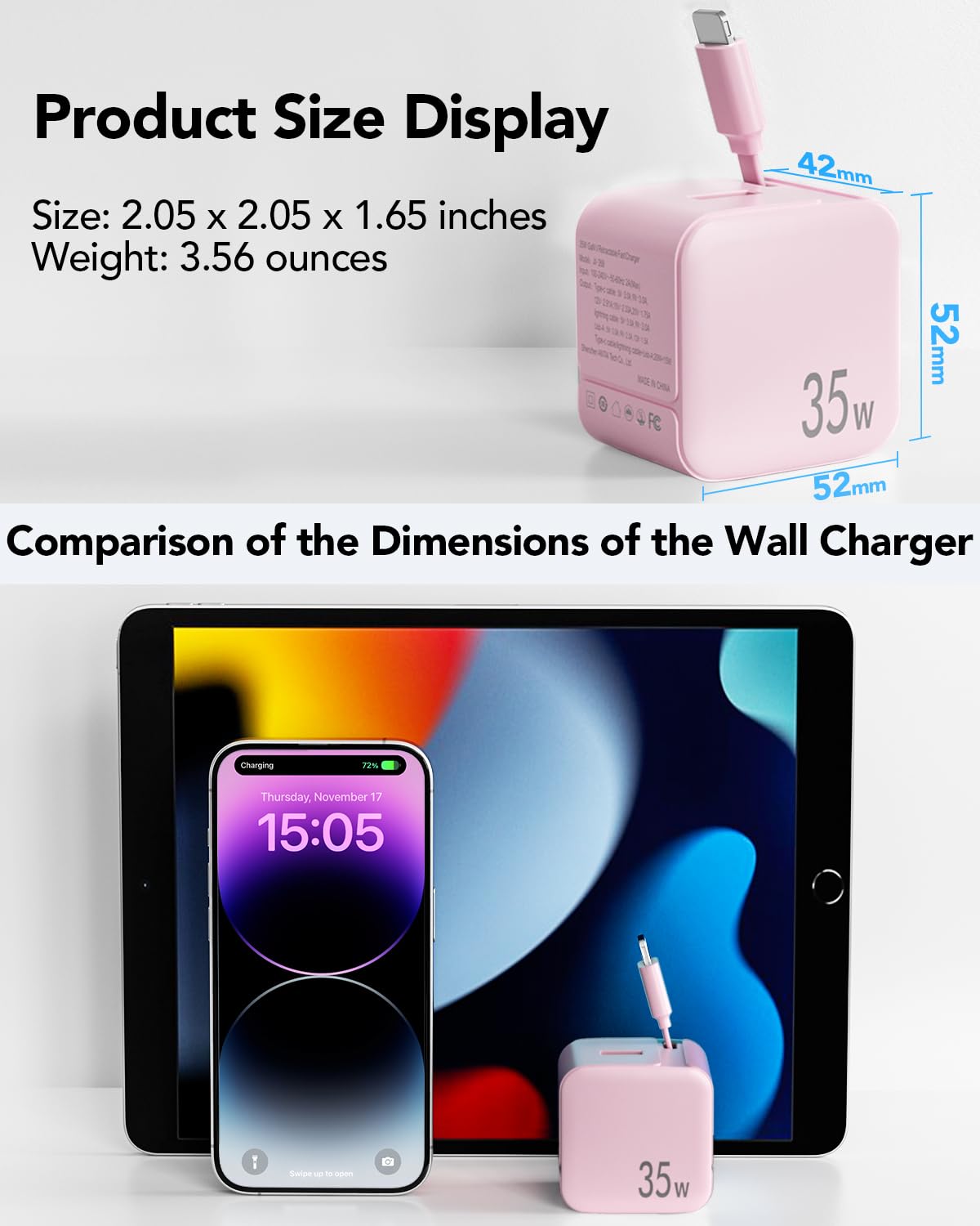 Retractable Wall Charger,35W PD Fast USB Charger Block with Retractable Lightening Cables for iPhone,Portable Adapter with Foldable Plug for iPhone14/13/12,iPad,Air-Pods(Pink)