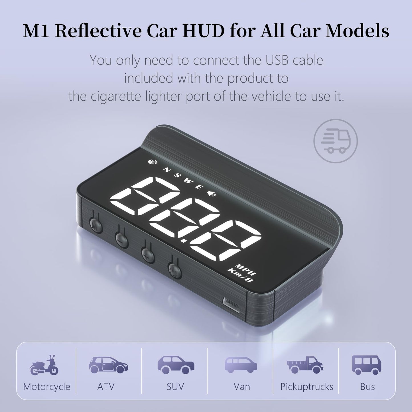 AZIJYV Car Heads Up Display, Windshield Speedometer Projector HUD M1white,Digital Speedometer for Car with Speed,Driving Direction,Overspeed Alarm,Fatigued Driving,Suitable for All Models
