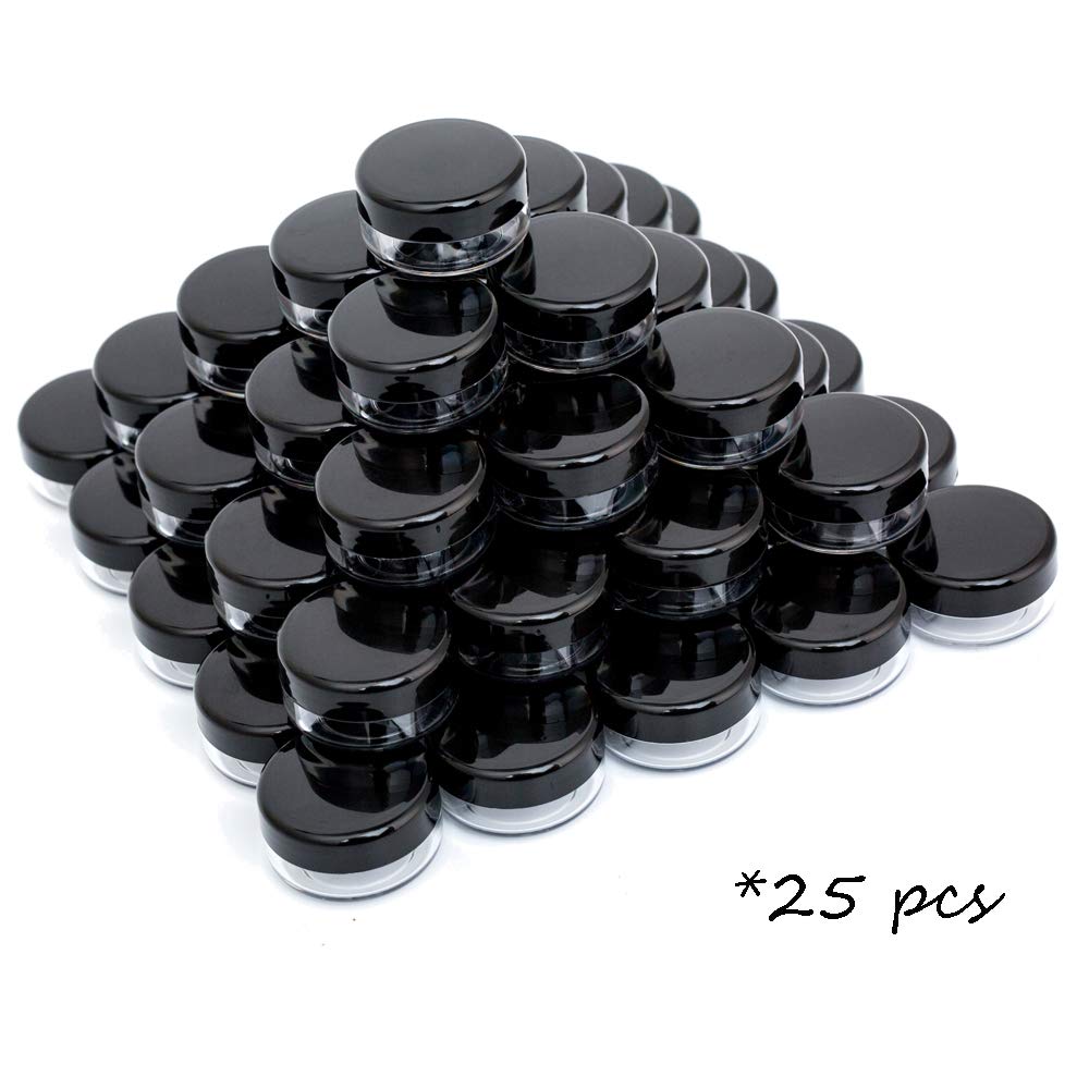 ZEJIA 3 Gram Sample Containers with Lids, 25 Count Tiny Sample Jars, 3ML Makeup Cosmetic Containers for Lip Balms, Lotion, Powder, Beauty Products(Black Lids)