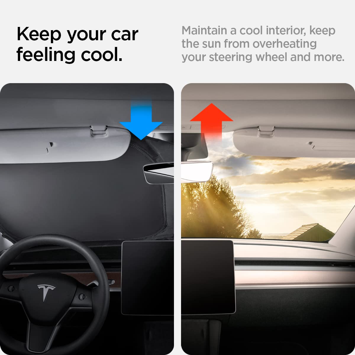 Spigen Triple-Coated CryoShade Front Windshield Sunshade (Reinforced Velcro Strap) Designed for All Tesla Model 3 & Y 2025/2024/2023/2022 [Compatible with New Model Y Refresh (Juniper)]