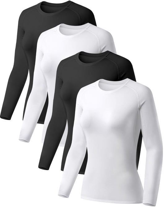 TELALEO 4 Pack Women's Compression Shirt Long Sleeve Performance Workout Baselayer Athletic Top Sports Gear-Black/Black/White/White Large