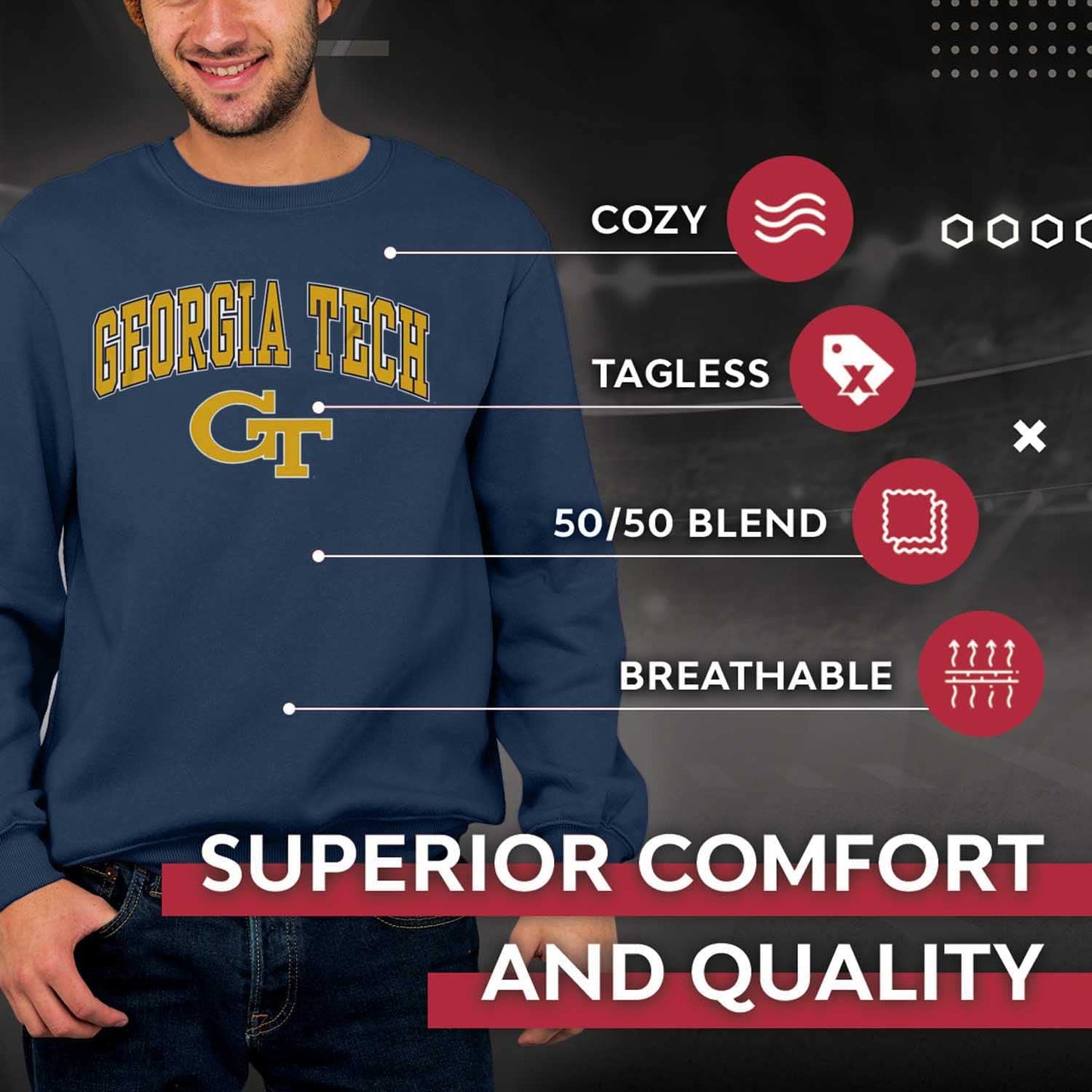 Campus Colors Adult Arch & Logo Soft Style Gameday Crewneck Sweatshirt (Georgia Tech Yellowjackets - Navy, XX-Large)