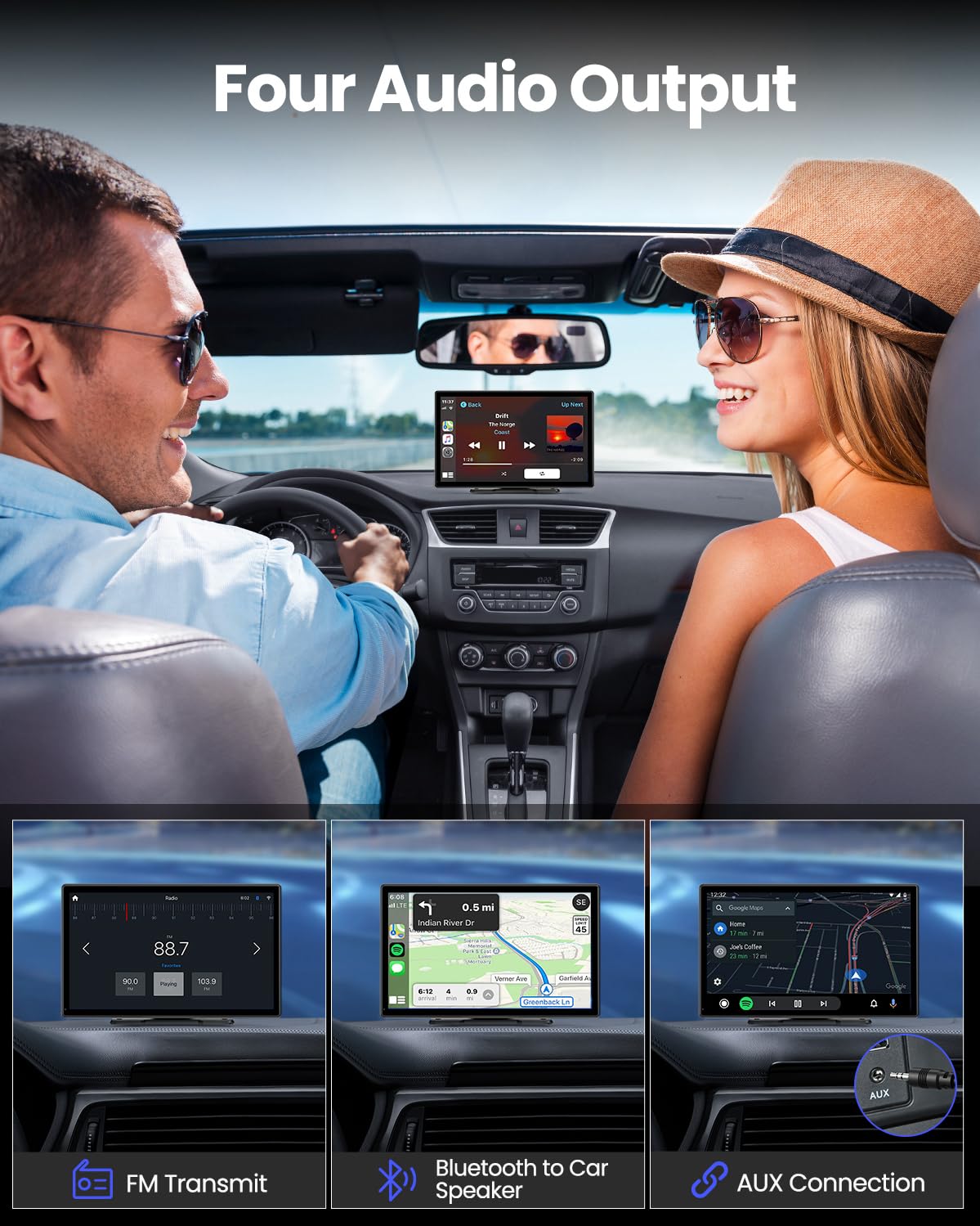 Wireless CarPlay Screen - 9'' Portable Car Stereo with 4K Dash Cam, 1080P Backup Camera, Satellite Radio, Apple CarPlay & Android Auto, GPS Navigation/AirPlay/Voice Control