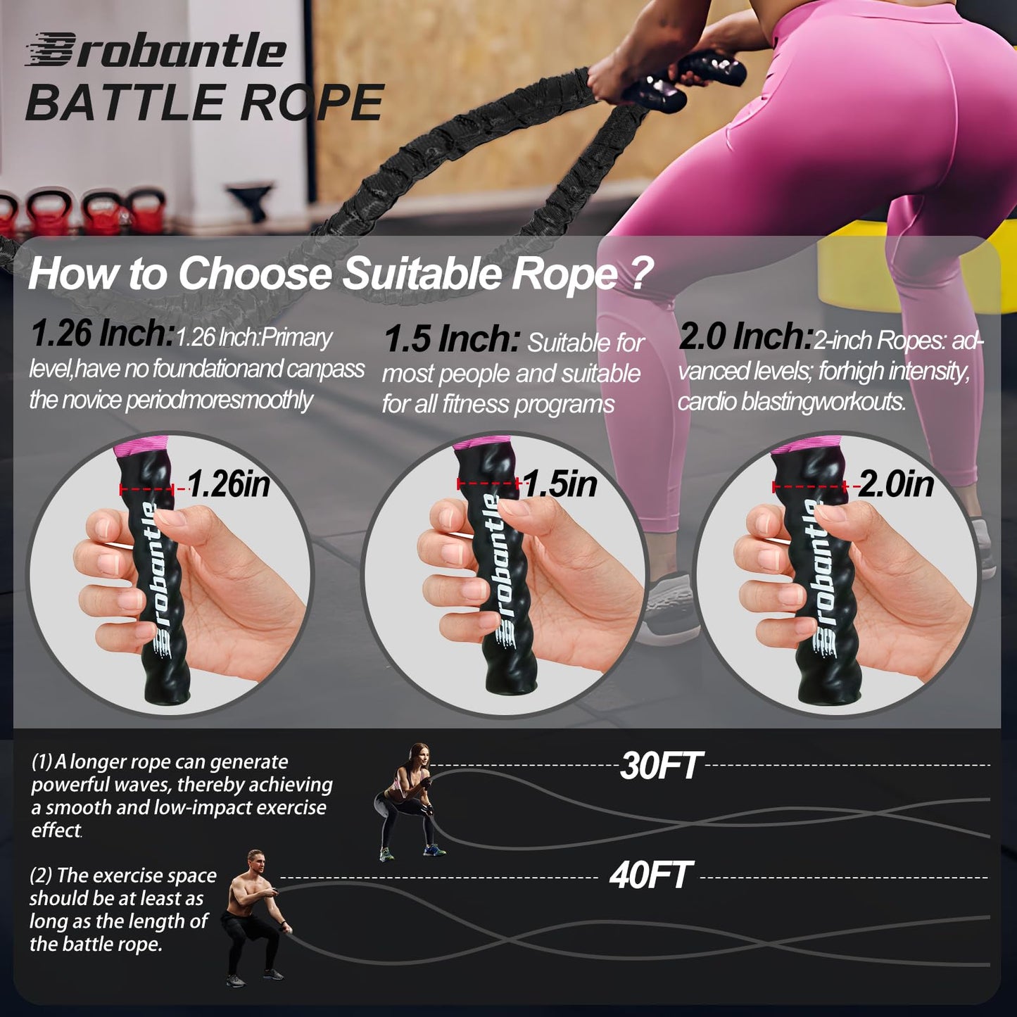 Battle Rope 30FT Battle Rope for Exercise Workout Rope Exercise Rope Battle Ropes for Home Gym Heavy Ropes for Exercise Training Ropes for Working Out Weighted Workout Rope (1.5 Inch 30 FT)
