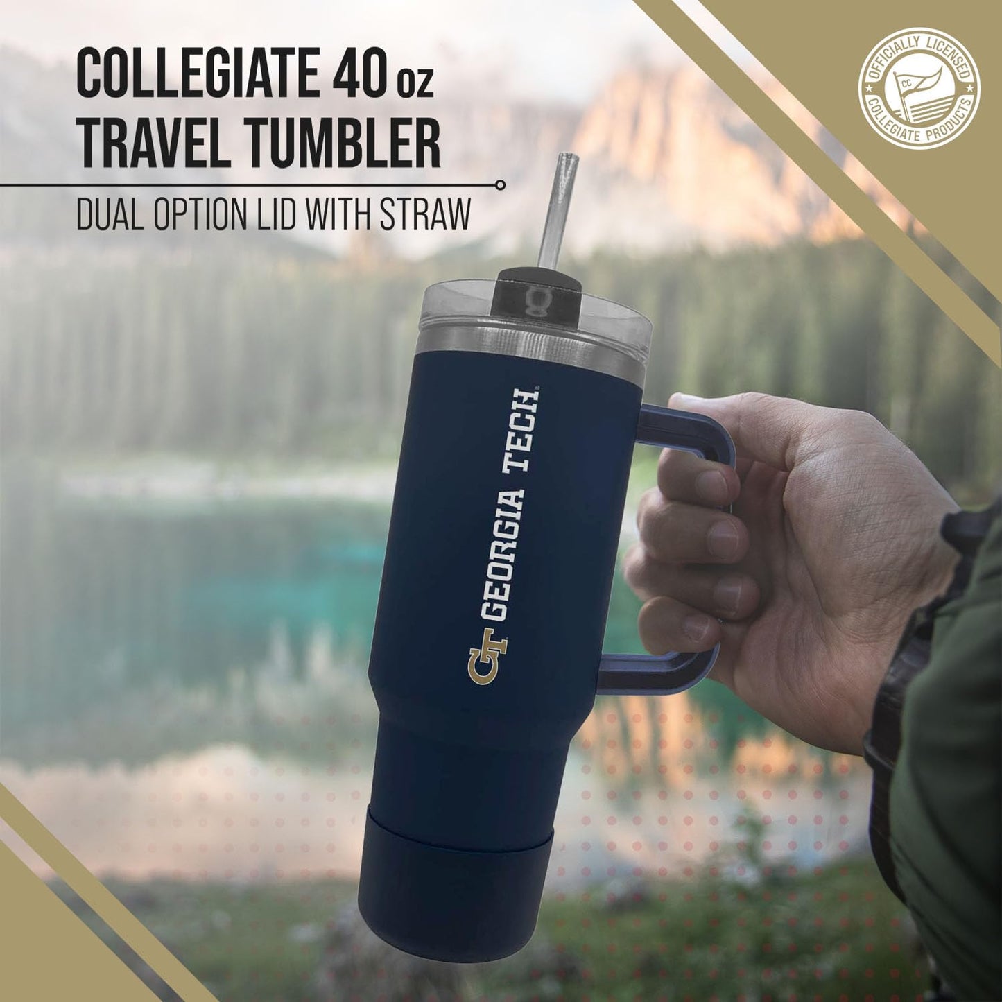 Campus Colors College & University 40 oz Travel Tumbler With Handle - Dual Option Lid With Straw - Vacuum Insulated Stainless Steel (Georgia Tech Yellowjackets - Navy)