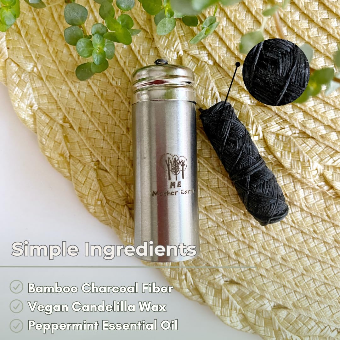 Vegan Biodegradable Bamboo Charcoal Dental Floss with Refillable Stainless Steel Container with 30M x4 | Peppermint Essential Oil | Eco Friendly Zero Waste Oral Care