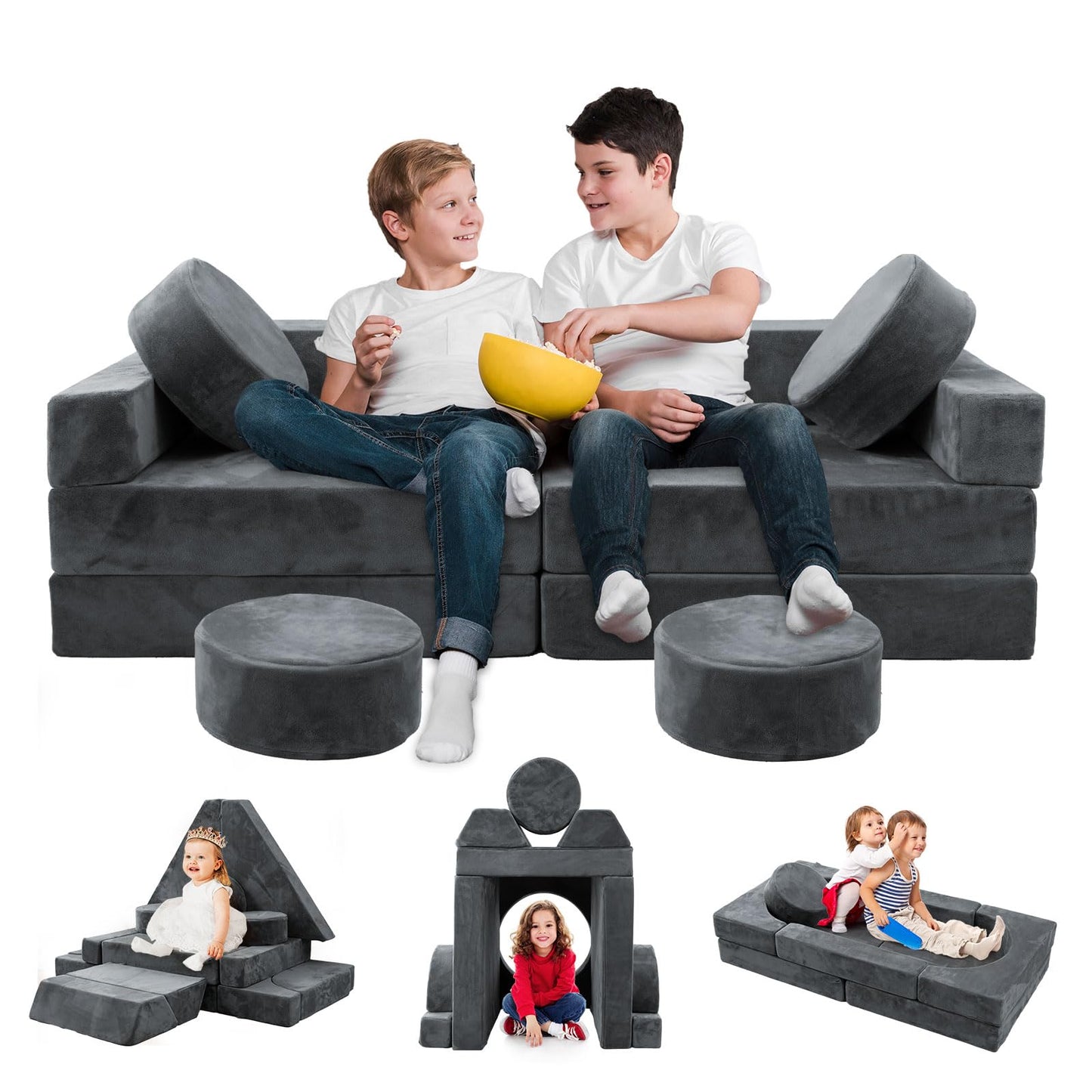 HOMFINE 16pcs Modular Kids Play Couch, Kids Toddler Couch, Child Sectional Sofa, Versatile Kid Couch for Playroom Bedroom, Convertible Foam and Floor Cushion for Boys and Girls, Dark Grey