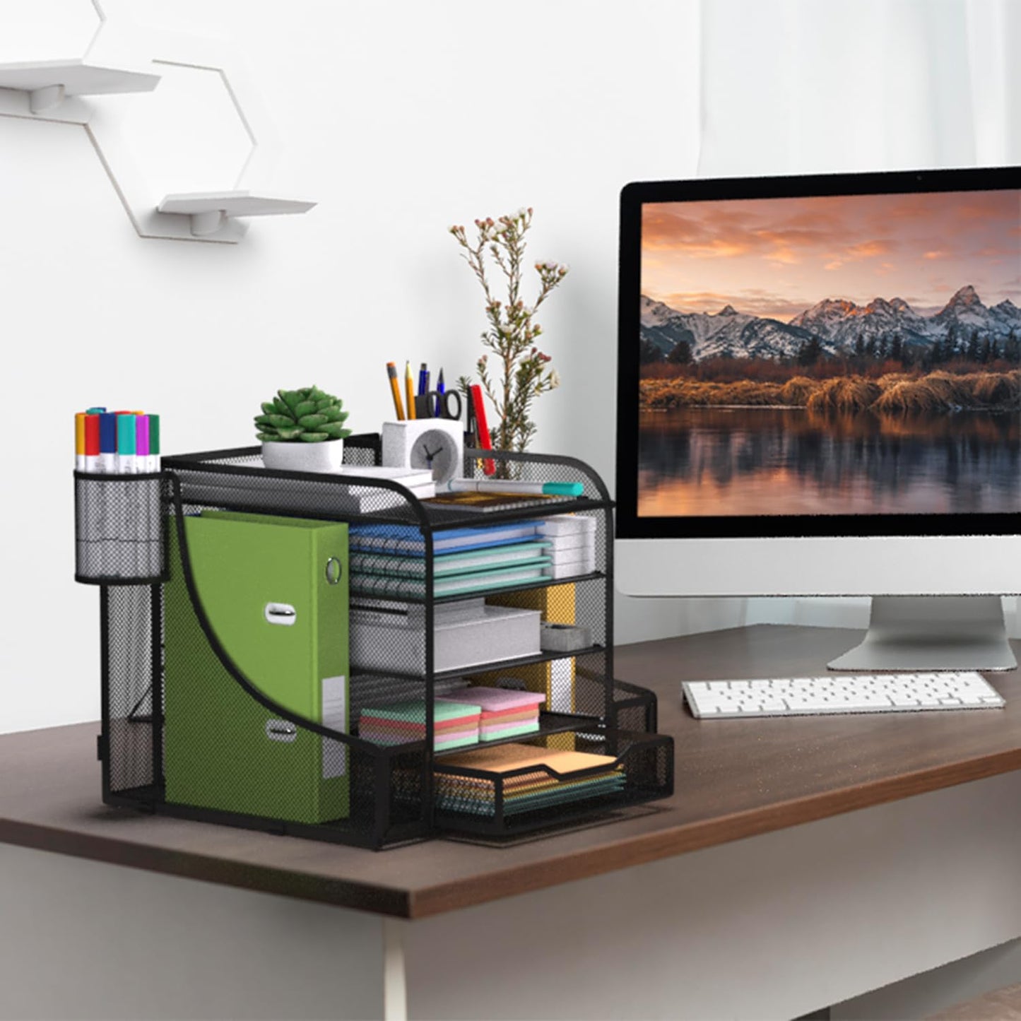 EVOOMI 5 Tier Mesh Desk Organizer PLUS - The Upgraded Time, Space & Sanity Saving Desktop Organizer System for Productivity Success - Ideal Pencil File Paperclip Post It Holder Mail Folder Organizer