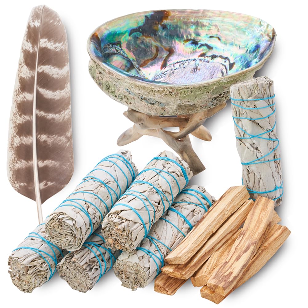 Sage Smudge Kit ~ 6 White Sage Bundles 4" ~ 6 Palo Santo Sticks 4-inch ~ Abalone Shell 5-6" & Tripod Stand ~ Instructions ~ Feather 7+ inch ~ Smudging Kit