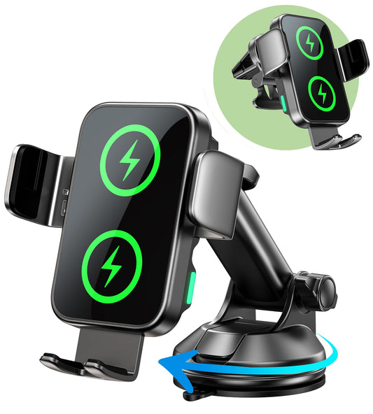 GuMosh Dual Coil 15W Car Phone Holder (Not Easy to Disconnect) Wireless Car Charger -Auto Clamping- Charging Phone Holders for Your Car Dash Vent Windshield, for Flip S24/S23/S22/S21, iPhone Series