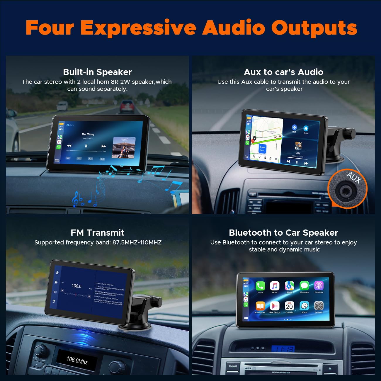 HOTPEAK 7-inch Portable Carplay Screen for Car Compatable with Apple CarPlay and Android Auto,Wireless Car Play Unit with GPS Navigation,Bluetooth,Mirror Link,Touch Screen for All Vehicles