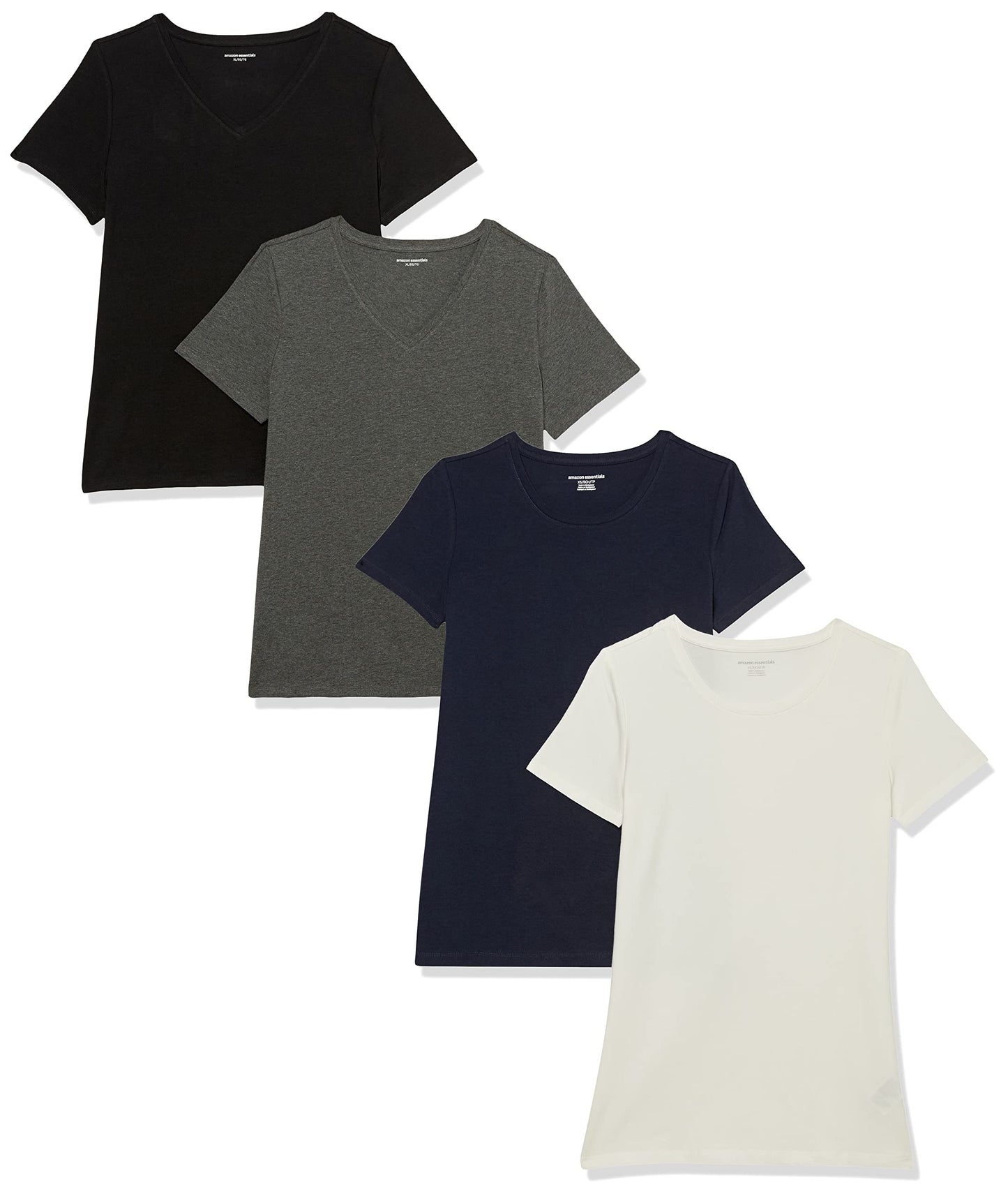 Amazon Essentials Women's Classic-Fit Short-Sleeve Crewneck T-Shirt, Pack of 4, Black/Charcoal Heather/Navy/White, XX-Large