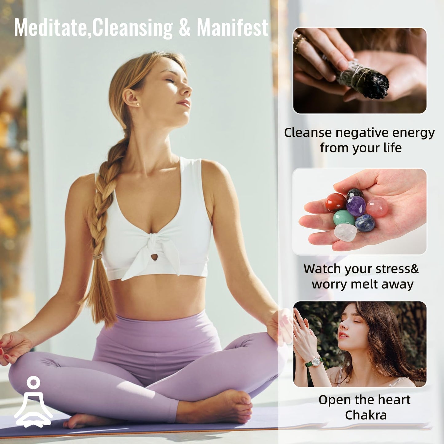 Sage Smudge Kit for Home Cleansing - Stress Relief Sage Kit, Smudge Sticks 4" Long, Smudging kit with Healing Crystals for Cleansing Negative Energy