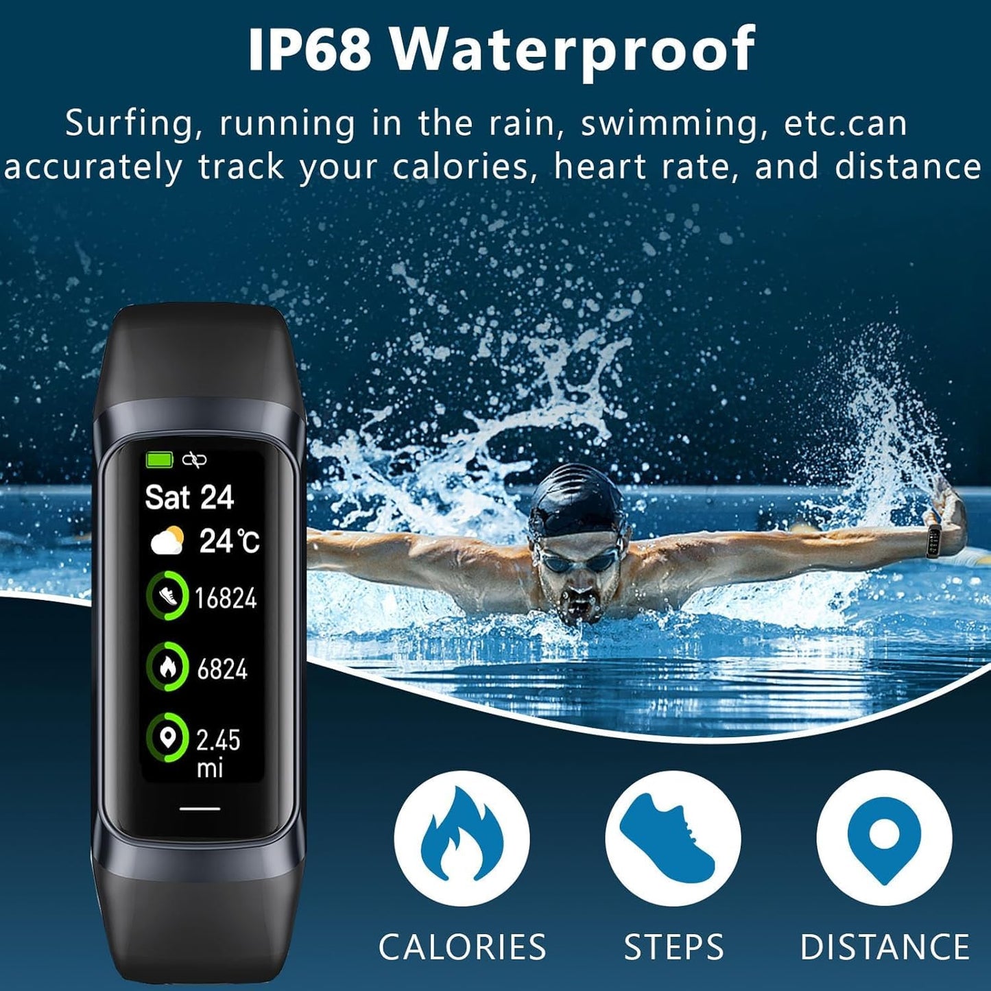Fitness Tracker with 24/7 Heart Rate Sleep Blood Oxygen Monitor,IP68 Waterproof Smart Watch,1.10''AMOLED Touch Color Screen,Step Counter Health Activity Trackers for Women Men (Dark Black)