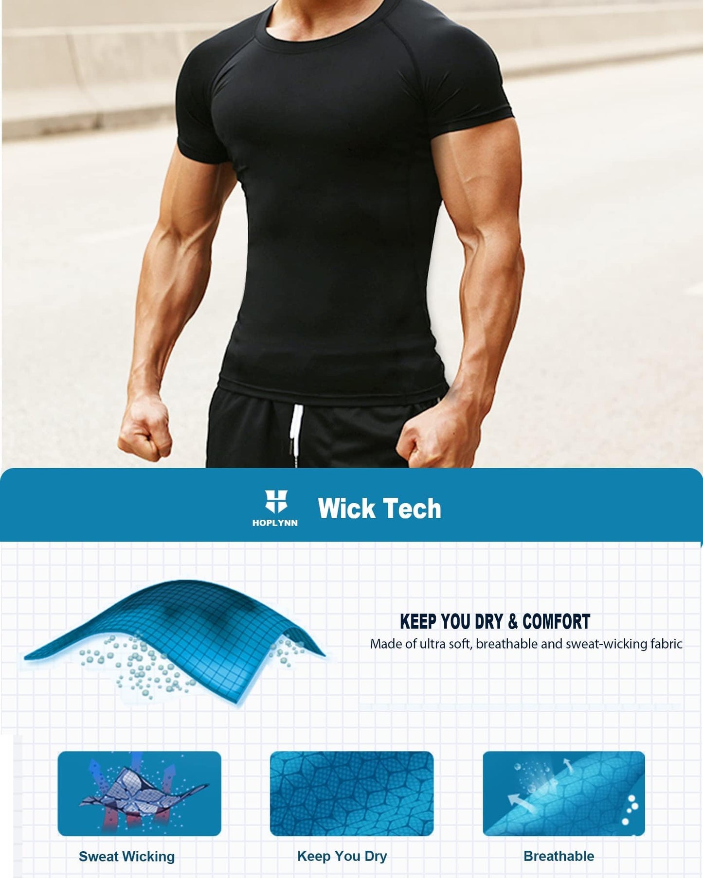 HOPLYNN 5 Pack Workout Compression Shirts Men Long/Short Sleeve Rash Guard Athletic Undershirt Gear T Shirt for Sports 2 Black 2 White 1 Blue L