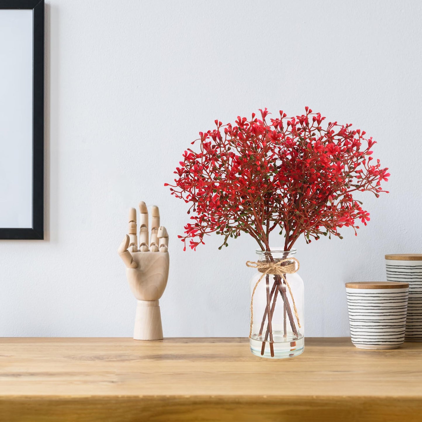 TSIPEKLO Babys Breath Artificial Flowers in Glass Vase with Faux Water, 14" Faux Baby Breath Plastic Red Flowers Fake Gypsophila Flower for Home Office Farmhouse Wedding Centerpiece Décor