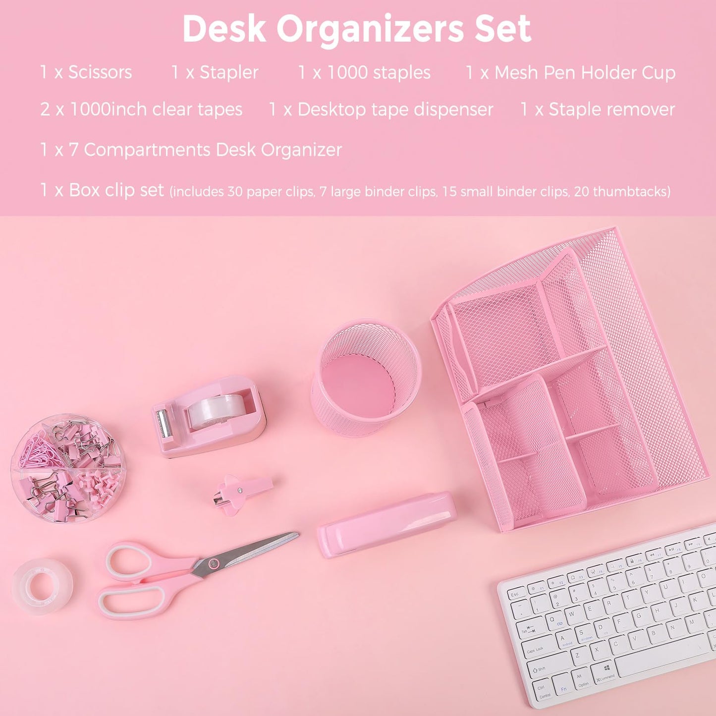 SKYDUE Pink Desk Accessories, Pink Office Supplies Set, Mesh Desk Organizer, Stapler, Tape Dispenser, Scissors, Binder/Paper Clips and 1000pcs Staples,Pink Desk Organizer for Women