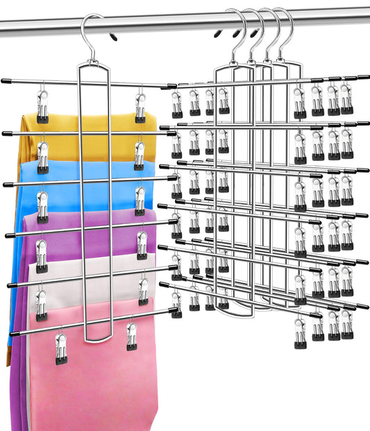 4 Pack Closet-Organizers-and-Storage, Metal Closet-Organizer-Pants-Hangers-Space-Saving, 6 Tier Organization and Storage Short Skirt Hangers Clip, Dorm Room Essentials for College Students Girls Boys