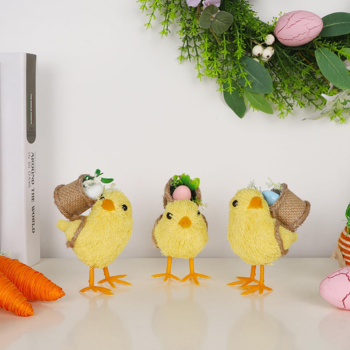 DR.DUDU Set of 3 Easter Decorations 4.5" Straw Chick Figurines with Egg Baskets, Realistic Baby Chick Tabletop Decor, Sisal Chicken Statue Farm Animal Spring Decor for Home Kitchen Office Farmhouse