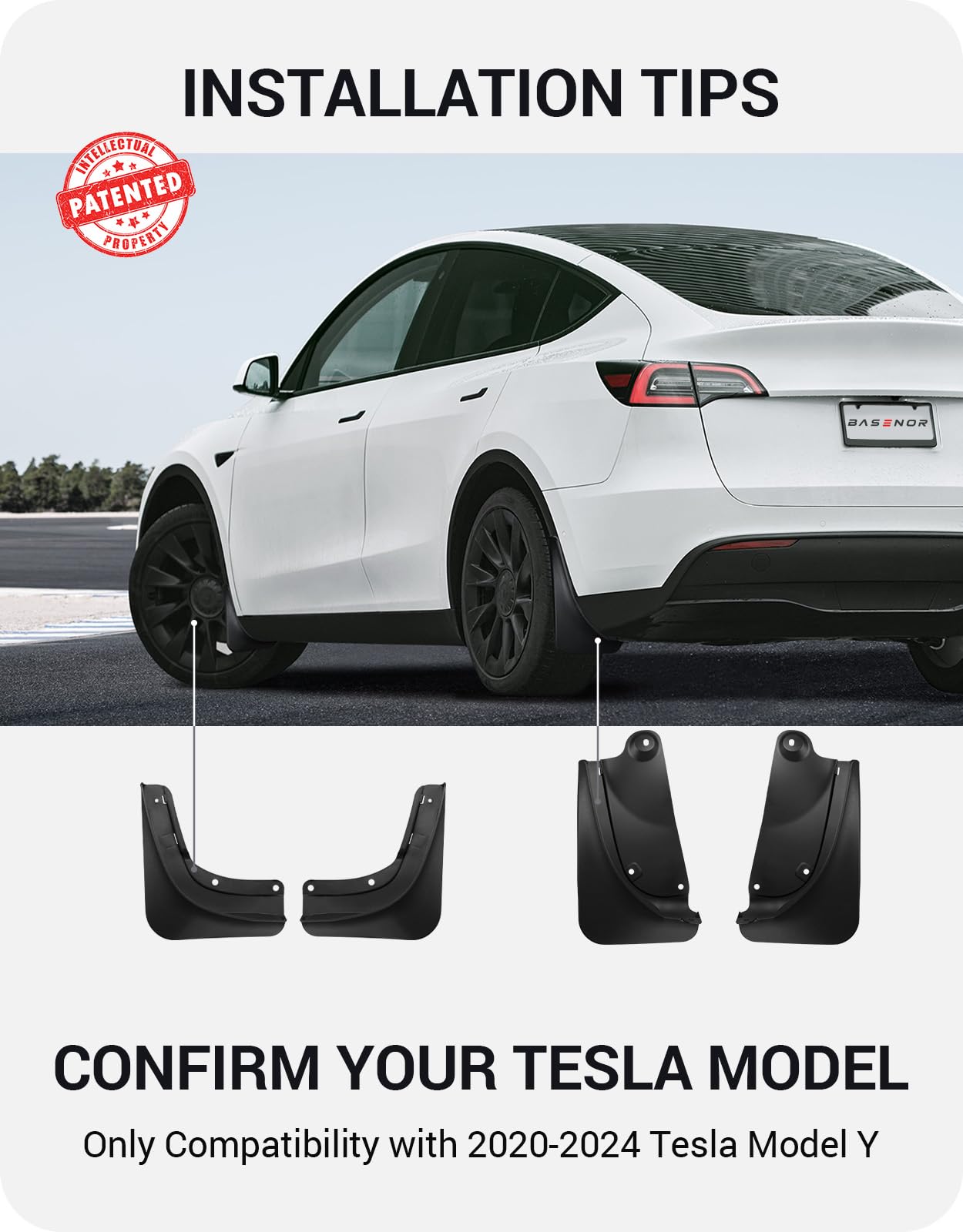 BASENOR 2025 Upgraded Tesla Model Y Mud Flaps Splash Guards Vehicle Sediment Protection No Drilling No Tape Mudflaps Tire Protector Mudflaps All Weather Tesla Exterior Accessories (Set of 4)