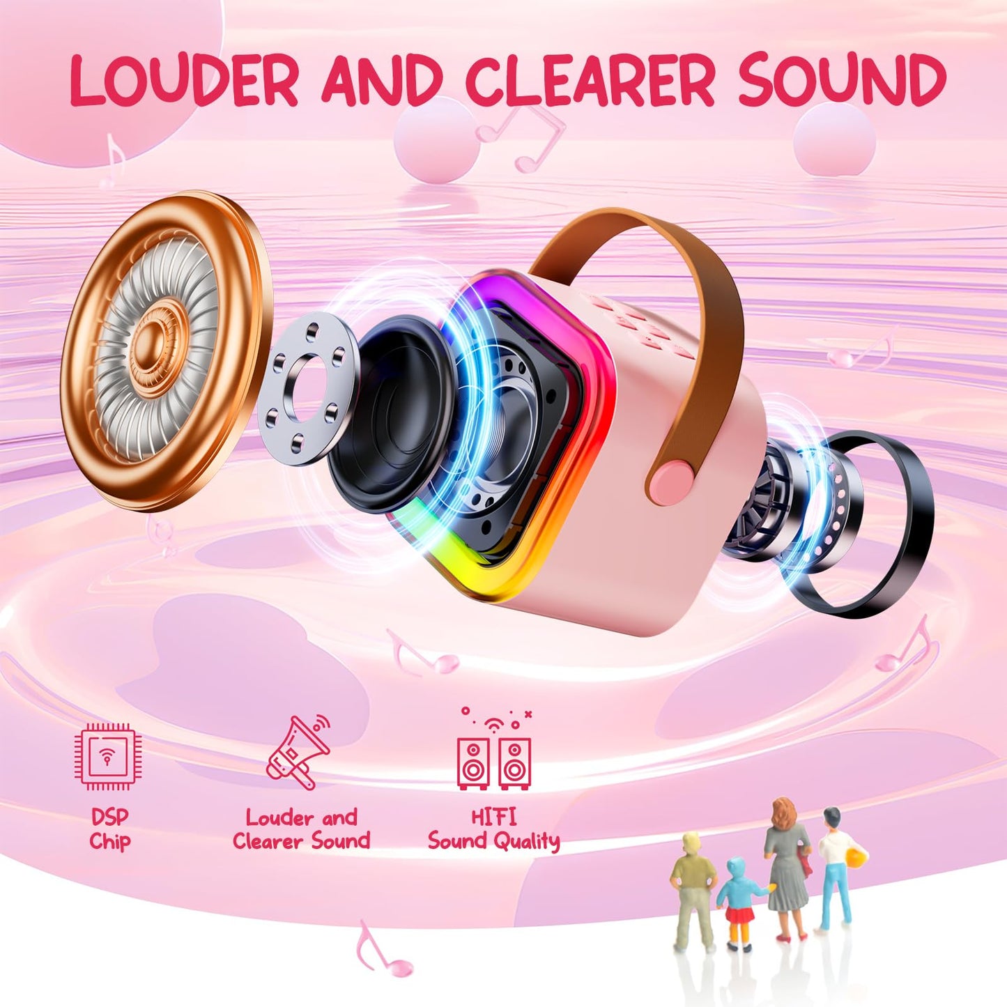 Kinglucky TOP Karaoke Machine for Kids (with Fun Voice Effects & LED Lights) Most Popular Birthday Easter Gifts for 3-12+ Years Old Girls Boys, Mini Karaoke Machine with 2 Wireless Microphones Pink