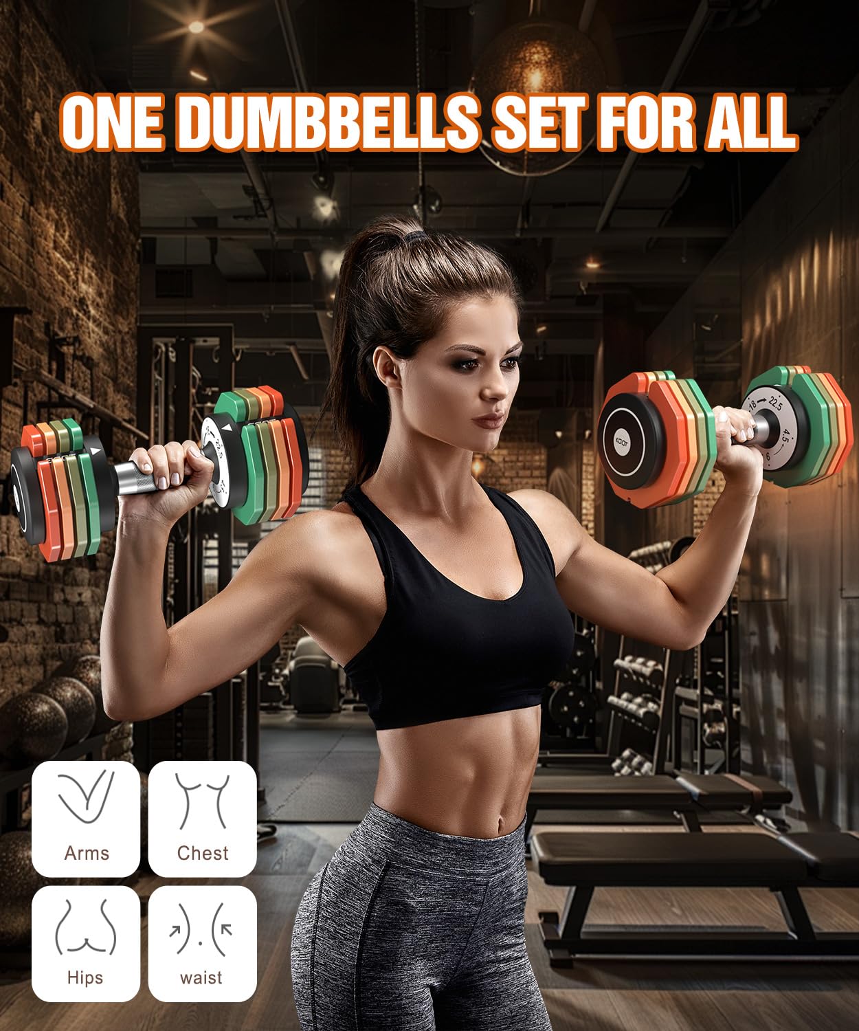 EOAT Adjustable Dumbbells 22.5LB Pair, 5 in 1 Free Adjustable Dumbbell Set with Anti-Slip Handle & Rainbow-colored Weight Plates for Home Gym, Weight Set for Women Men