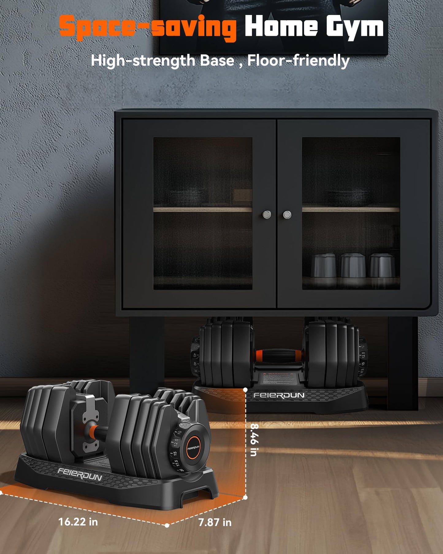 FEIERDUN Adjustable Dumbbell Set,5-52.5lb Free Weight Dumbbells, 15 in 1, Quick Adjust Weight Set with Non-slip Handles and Tray, Dumbbells for Home Gym Exercise Strength Training, Unisex（Pair）