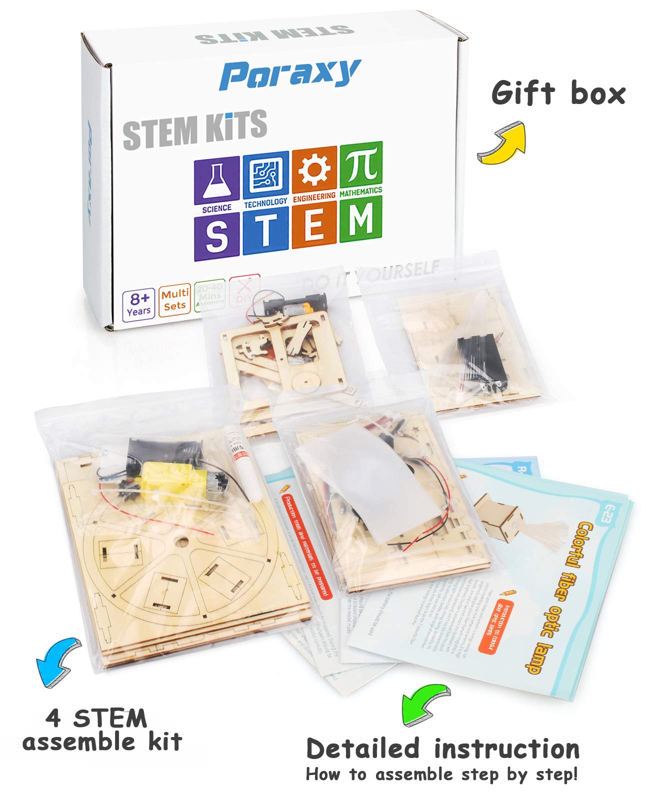Poraxy 4 in 1 STEM Kits for Kids Age 8-10, Science STEM Projects for Kids 8-12, 3D Puzzles, Educational Craft Building Toys 8-13, Christmas Birthday Gifts for Girls Boys 6 7 8 9 10 11 12 13 Year Old