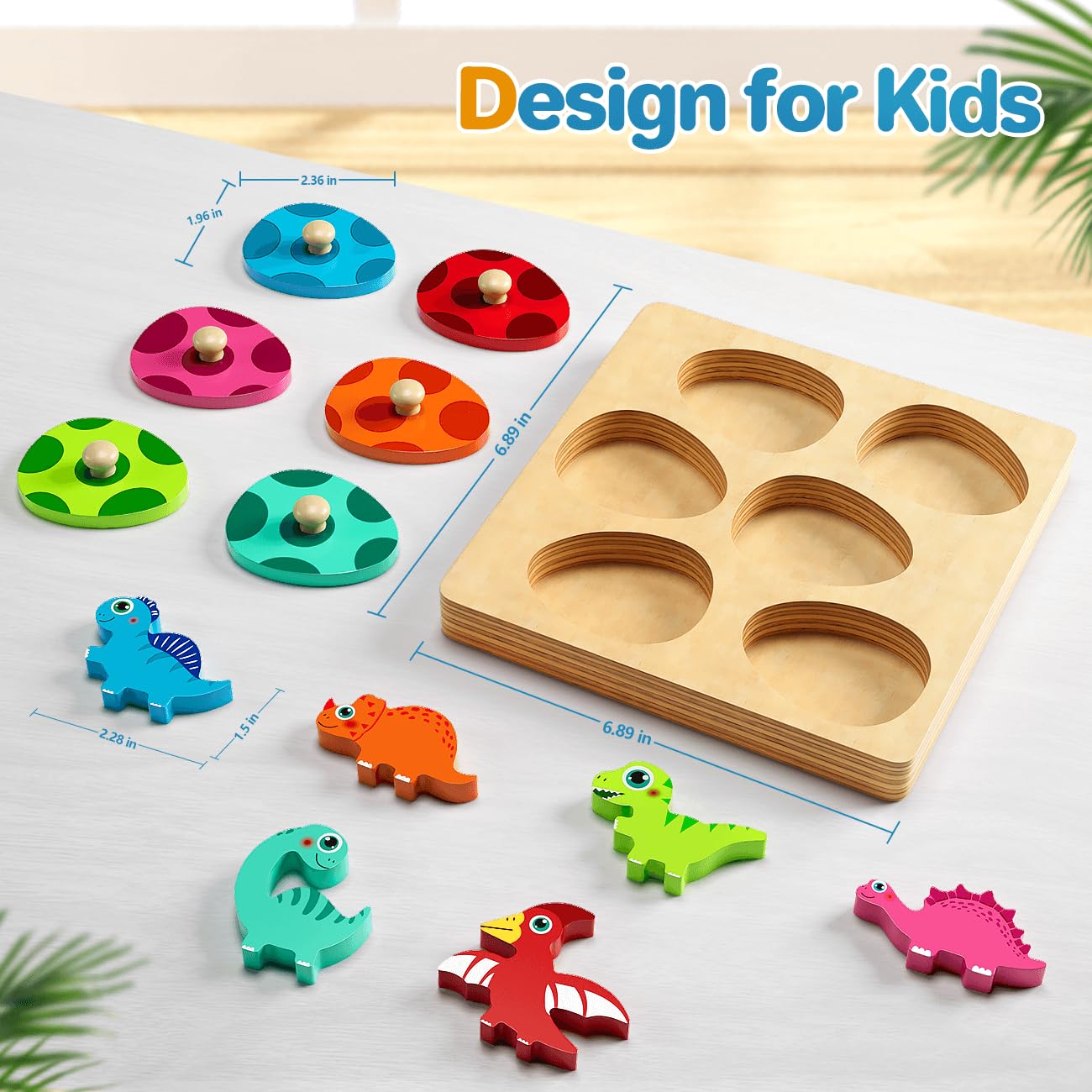EDUJOY Wooden Puzzles for Toddlers 1-3, Montessori Toys for 1 2 Year Old Boy Girl Birthday Easter Gifts, Dinosaur Match Eggs Peg Puzzles, Preschool Learning Toys for Toddlers Age 1-2