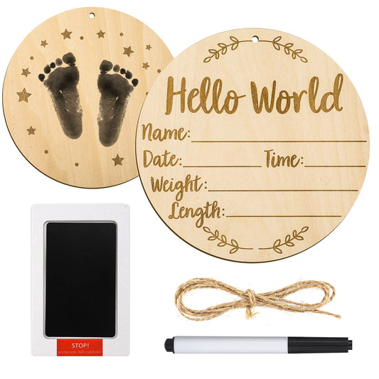 Baby Announcement Sign, 5.9 Inch Round Baby Nursery Name Signs with Ink Pad for Baby Hand and Footprints Wooden Hello World Newborn Sign for Photo Prop