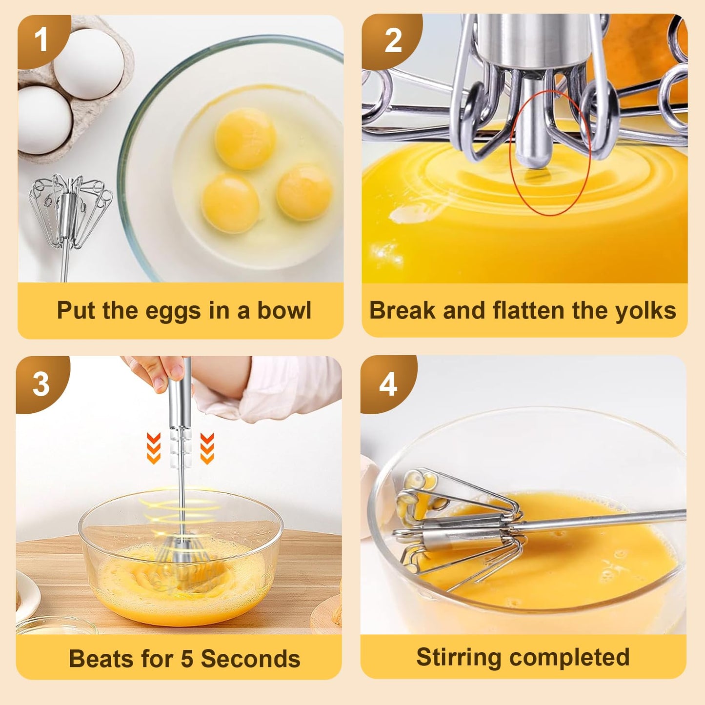 2025 New Upgraded Stainless Steel Semi-Automatic Whisk - Easy to Use Whizzy Whisk,Versatile Wisker Tool for Cooking,Kitchen Essential Egg Beater for Baking,Whisking,Beating & Stirring (10in）