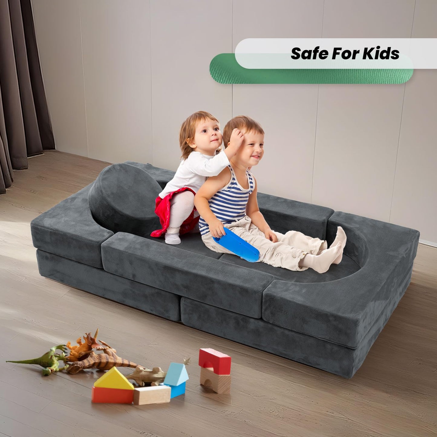 HOMFINE 16pcs Modular Kids Play Couch, Kids Toddler Couch, Child Sectional Sofa, Versatile Kid Couch for Playroom Bedroom, Convertible Foam and Floor Cushion for Boys and Girls, Dark Grey