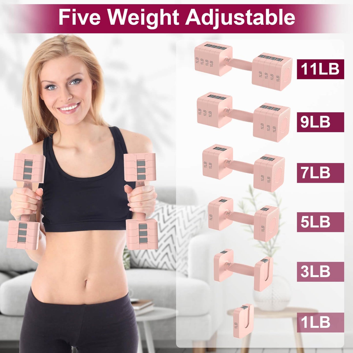 Hezeyferg Adjustable Dumbbells Set of 2, Hand Weights Sets with 5 Levels 3lb, 5lb, 7lb, 9lb, 11lb, Adjustable Weight Dumbbells for Women/Men Home Gym Full Body Workout (Pink)