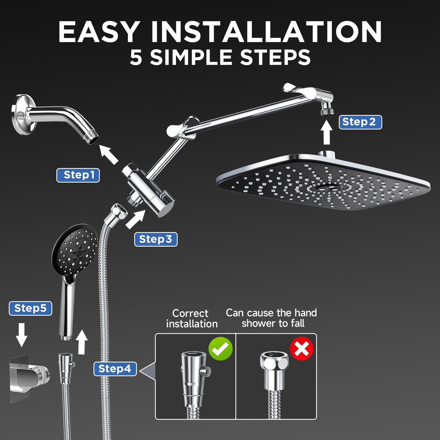 Veken Wide Rain Shower Head with 6 Modes Handheld Water Spray，High Pressure Showerhead Combo with Arm for Bathroom Accessories，Home Decor Adjustable Dual Shower with Anti-Clog Nozzles,Silver Chrome