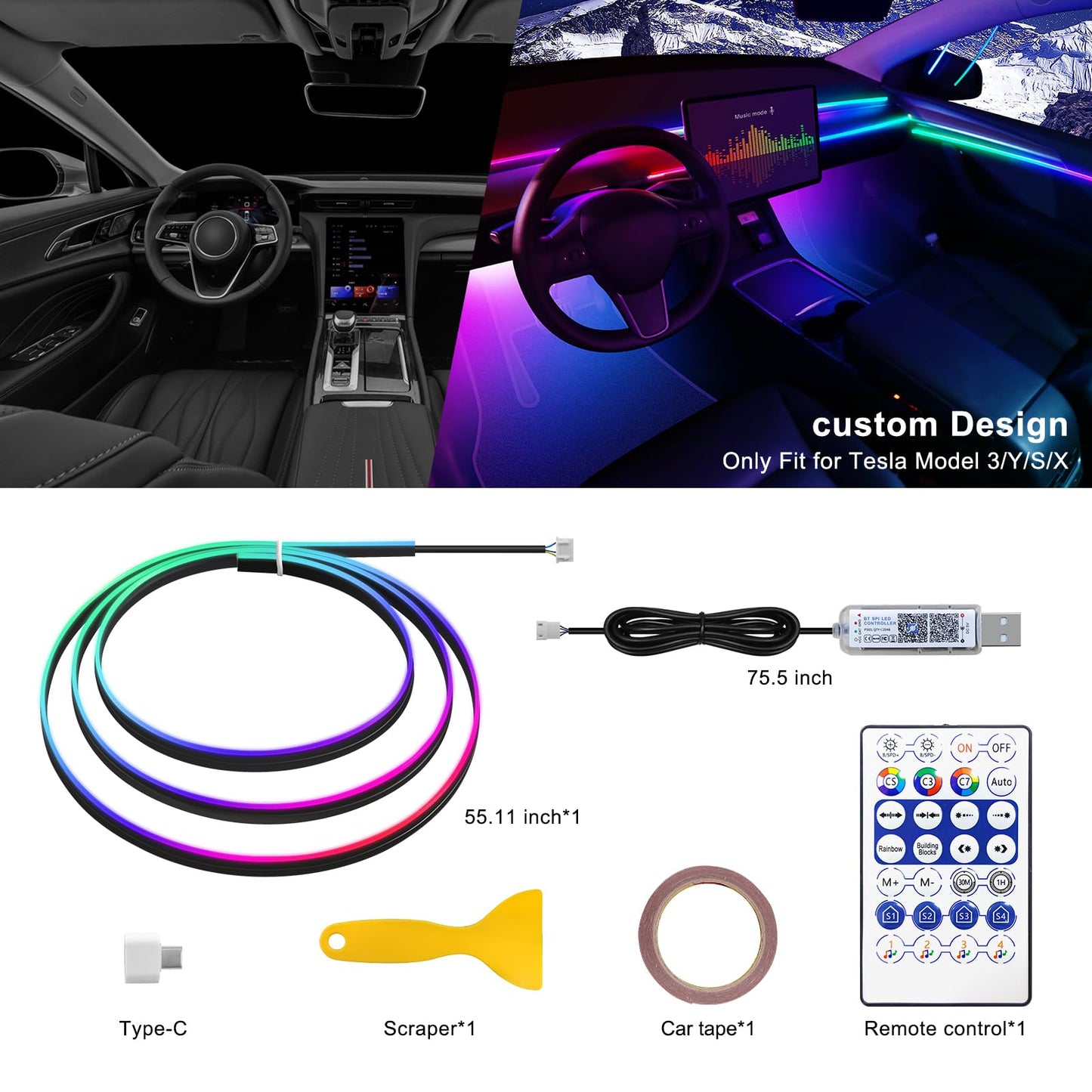Tesla Model 3/Y/S/X Dreamcolor Acrylic Interior Car LED Strip Light, 55.1 inches Fiber Optic Tesla Ambient Lighting Kits, 16 Million Colors Sound Active Function Neon LED Strip for Car