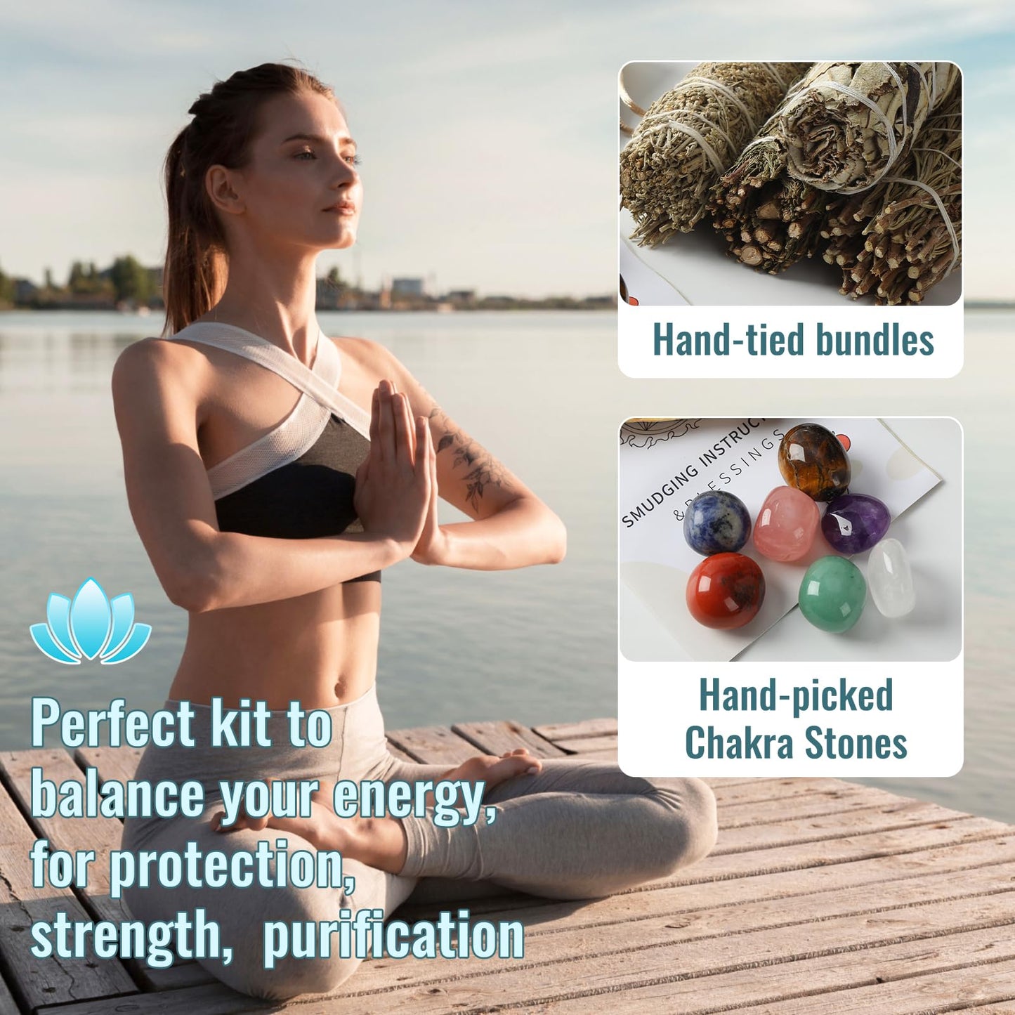 Sage Smudge Kit for Home Cleansing - Stress Relief Sage Kit, Smudge Sticks 4" Long, Smudging kit with Healing Crystals for Cleansing Negative Energy