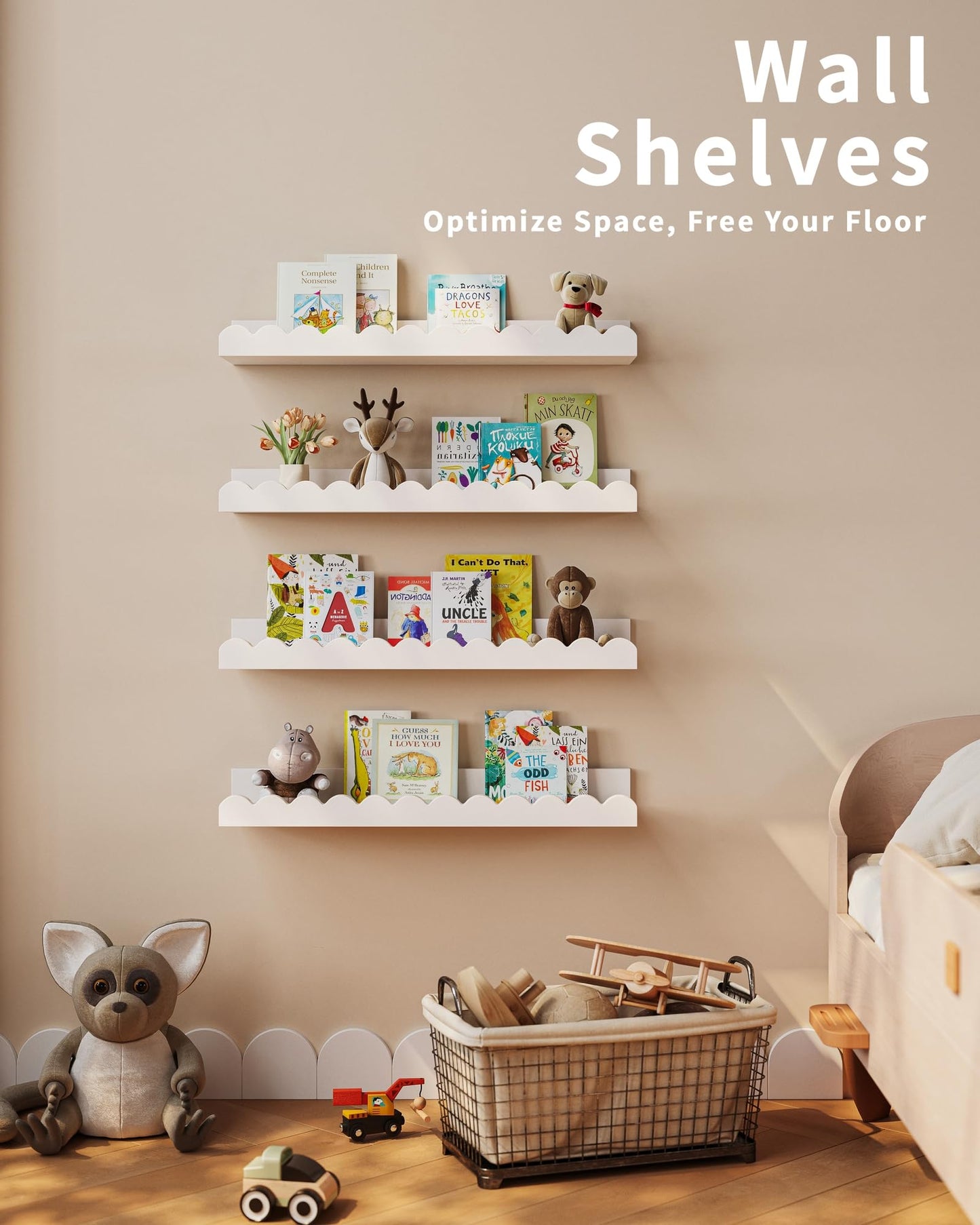 Nursery Book Shelves, 4-Pack White Floating Shelves for Wall Kids, Scalloped Shelves, Wall Book Shelves for Bedroom Kids, Toddler Room, Baby Room, Nursery Decor