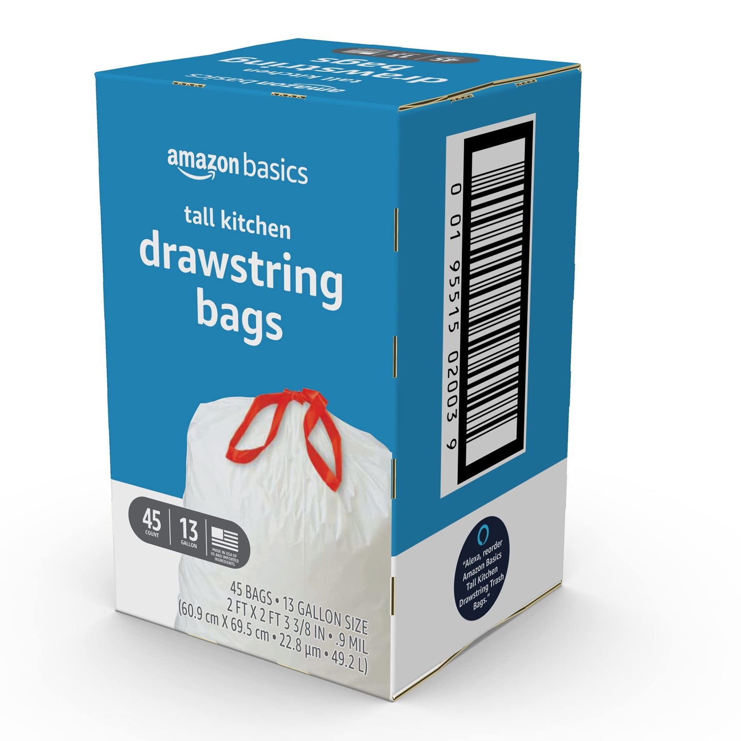 Amazon Basics Trash Bags, Tall Kitchen Drawstring, Unscented, 13 Gallon, 45 Count, Pack of 1