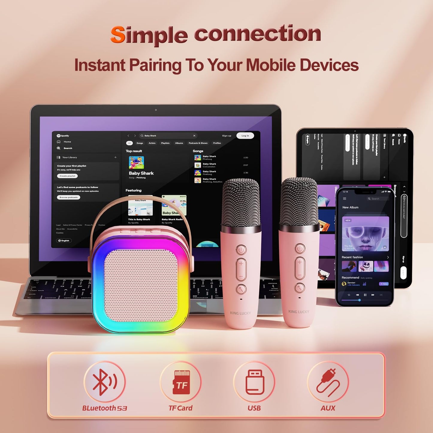 Kinglucky TOP Karaoke Machine for Kids (with Fun Voice Effects & LED Lights) Most Popular Birthday Easter Gifts for 3-12+ Years Old Girls Boys, Mini Karaoke Machine with 2 Wireless Microphones Pink
