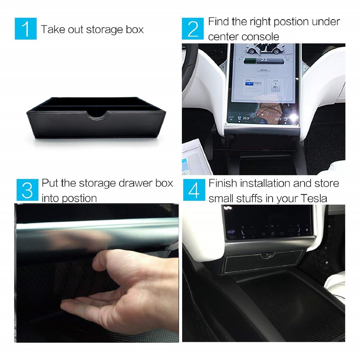 Car Center Console Fit Tesla Cubby Drawer Storage Box Glasses Box Customized Compatible with Tesla Model X Model S, with Removable Layer, Black, Wooden & Leather, Upgraded Layer Design