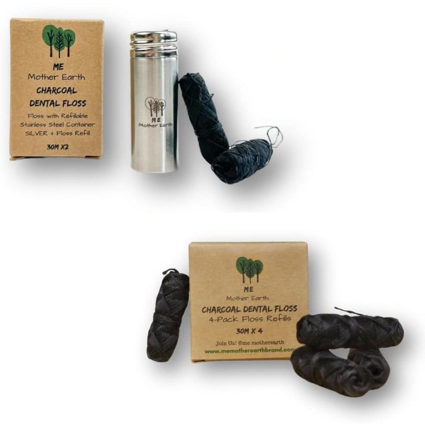 Vegan Biodegradable Bamboo Charcoal Dental Floss with Refillable Stainless Steel Container with 30M x4 | Peppermint Essential Oil | Eco Friendly Zero Waste Oral Care