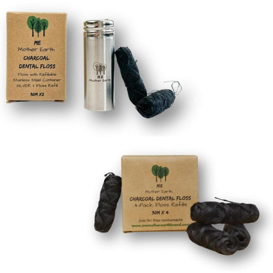 Vegan Biodegradable Bamboo Charcoal Dental Floss with Refillable Stainless Steel Container with 30M x4 | Peppermint Essential Oil | Eco Friendly Zero Waste Oral Care