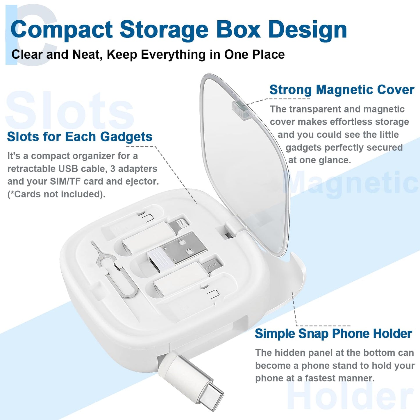 Retractable USB C Cable, Fast Charging Cord Type C 60W 3ft, 6 in 1 Charging Cord Organizer Travel Case, USB C to USB Adapter, SIM Card Removal Tool, College Essentials (2 Pack in Black & White)
