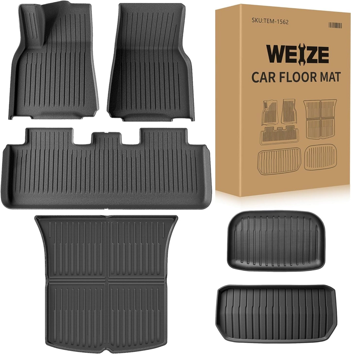 Weize Floor Mats & Cargo Liners Fits Tesla Model Y 5-Seat 2021-2024 2025 All Weather TPE Floor Mats and Cargo Trunk Mats Accessories, Set of 6 Mats (Not Fit 7-Seat)