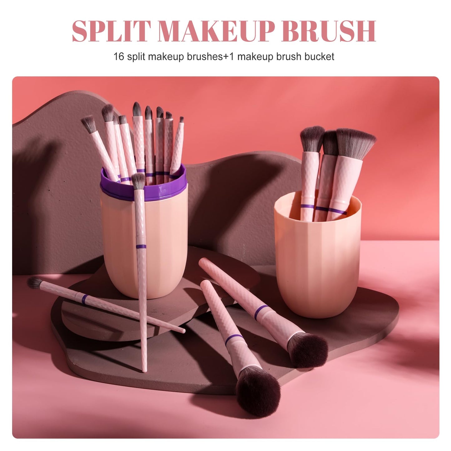 BS-MALL Travel Makeup Brushes – Professional and Durable 16-piece Set Detachable Rotating Handles, Eco-Friendly Design, Comes with Storage Barrel(Pink Travel Case)