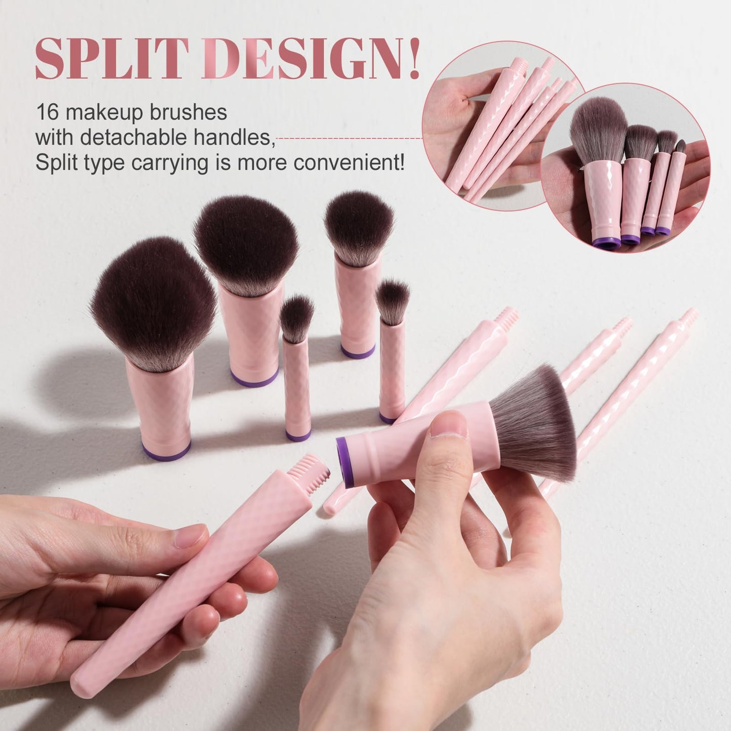 BS-MALL Travel Makeup Brushes – Professional and Durable 16-piece Set Detachable Rotating Handles, Eco-Friendly Design, Comes with Storage Barrel(Pink Travel Case)
