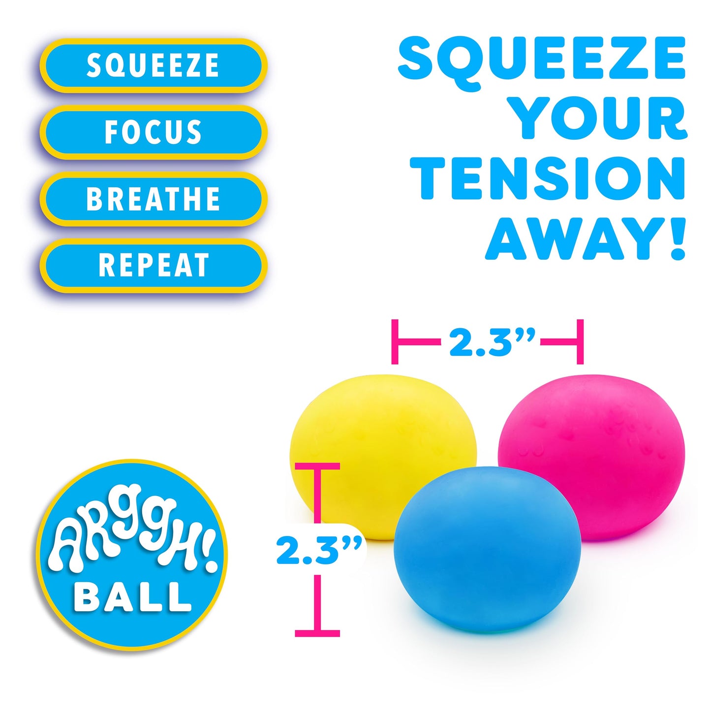 Power Your Fun Arggh Mini Stress Balls for Adults and Kids - 3pk Squishy Stress Balls, Color Changing Resistance Fidget Toys, Sensory Stress Relief Squeeze Toys Squishy Toy (Yellow, Pink, Blue)
