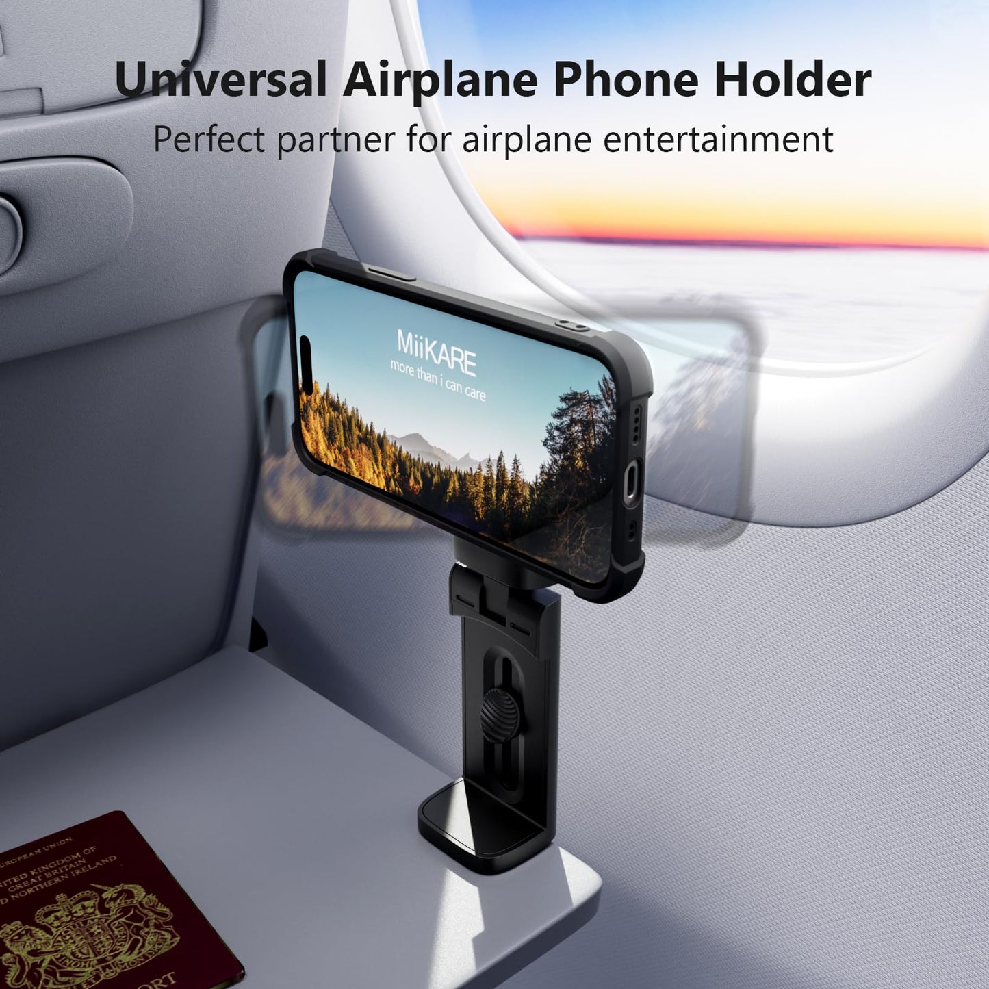 MiiKARE Airplane Travel Essentials Phone Holder for Magsafe, Universal Handsfree Phone Mount for Flying with 360 Degree Rotation, Travel Must Haves Phone Stand for Desk, Tray Table, Black