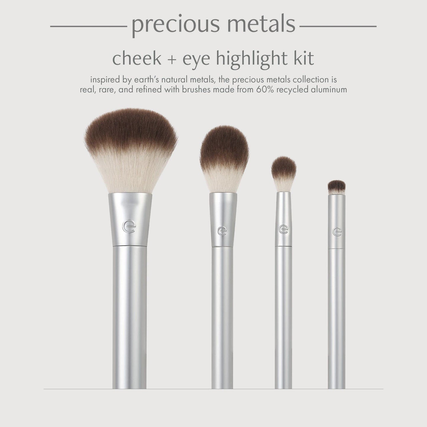 EcoTools Precious Metals Cheek & Eye Highlight Makeup Brush Kit, for Eyeshadow, Blush, & Powder Products, Eco Friendly, Cruelty Free Face Brushes, Recycled Aluminum, Chrome, 4 Piece Set