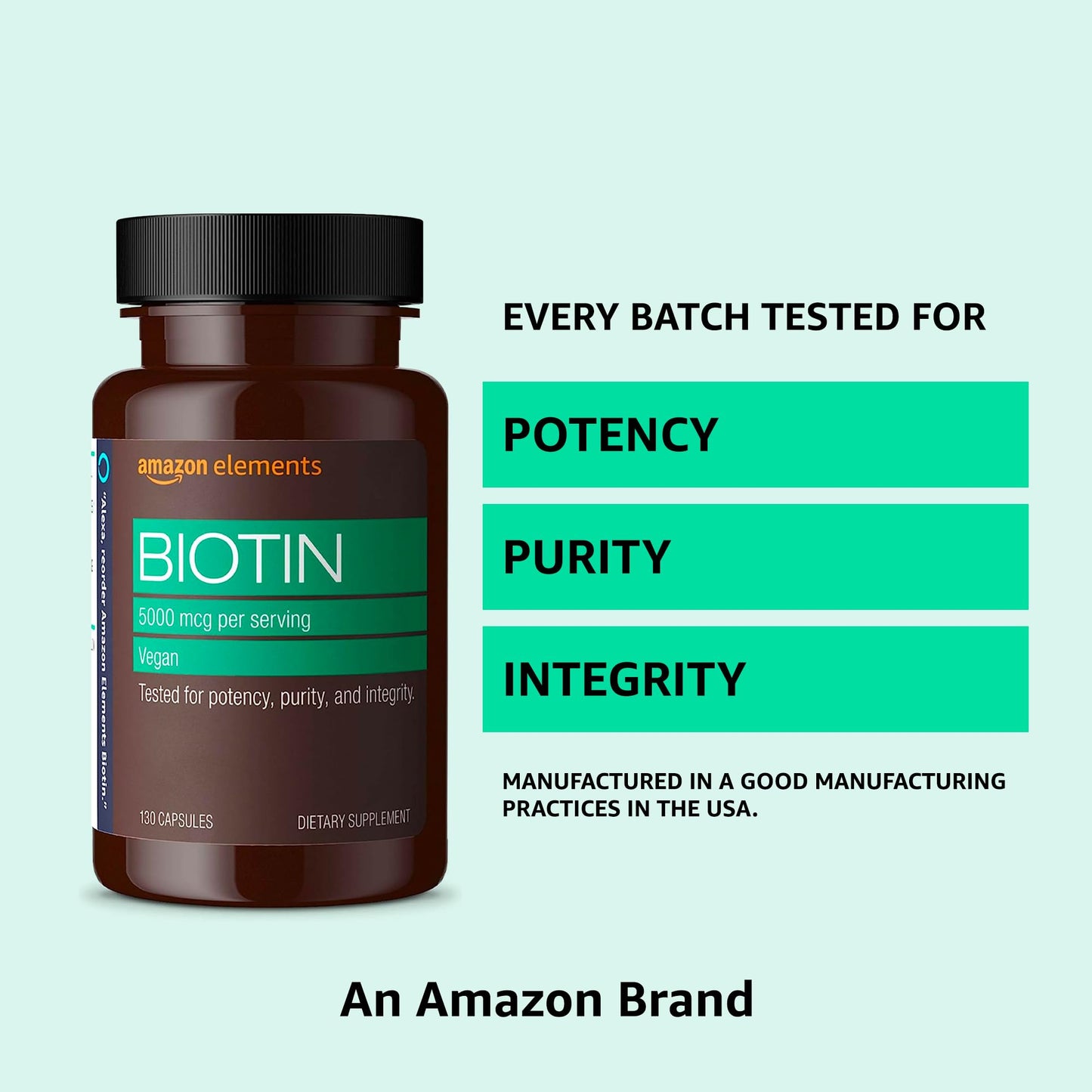 Amazon Elements Vegan Biotin 5000 mcg - Hair, Skin, Nails, 130 Capsules (4 month supply) (Packaging may vary)